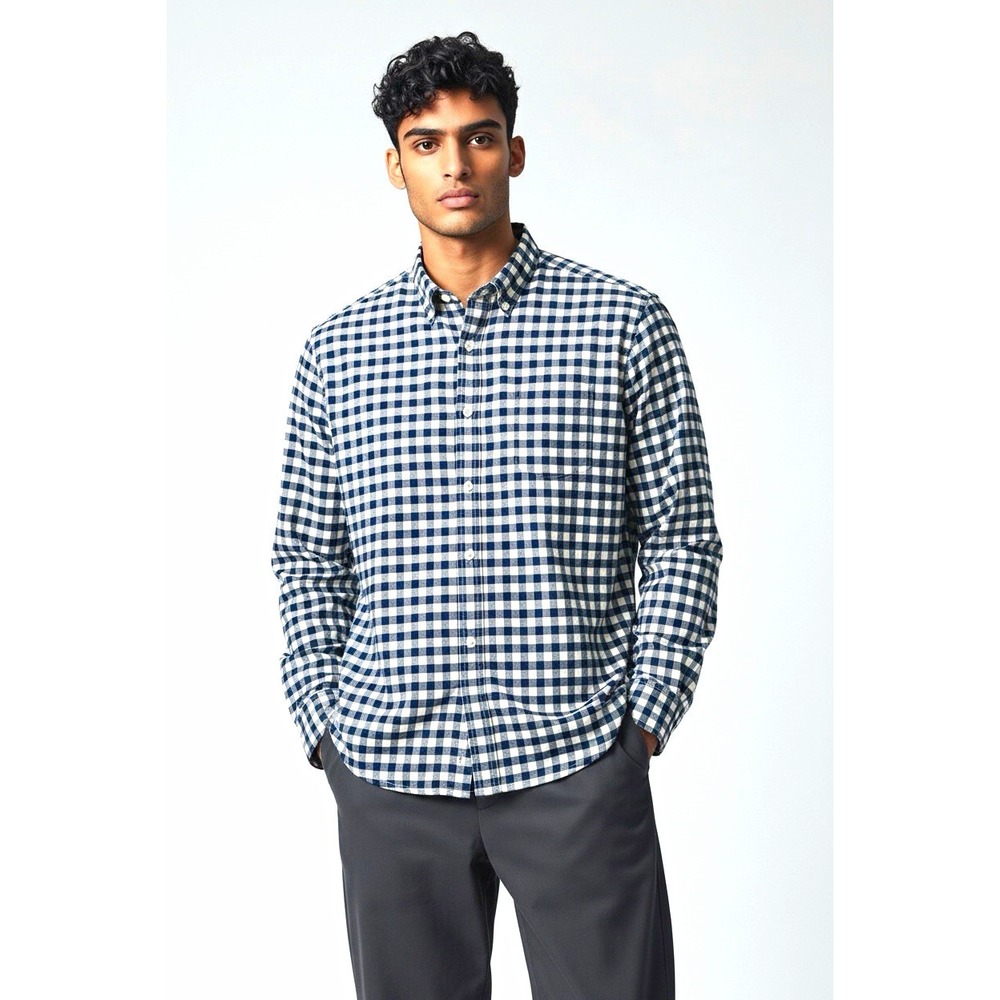 L.L.Bean Signature Mens Blue White Check Stretch Slim Button-Up L 503887